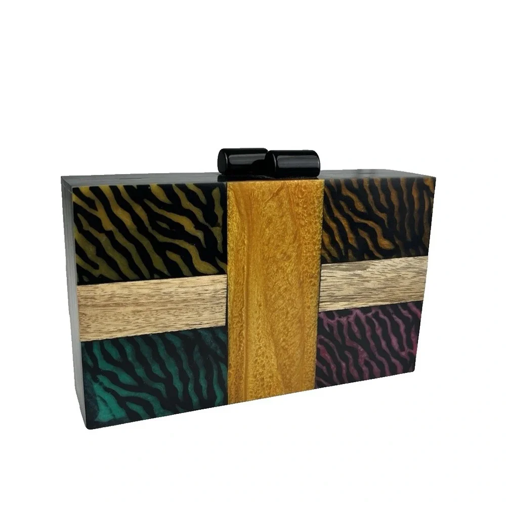 Tiger Zebra Acrylic Clutch Hard Shell Wood Accent Patchwork Boho Gold Tone Chain